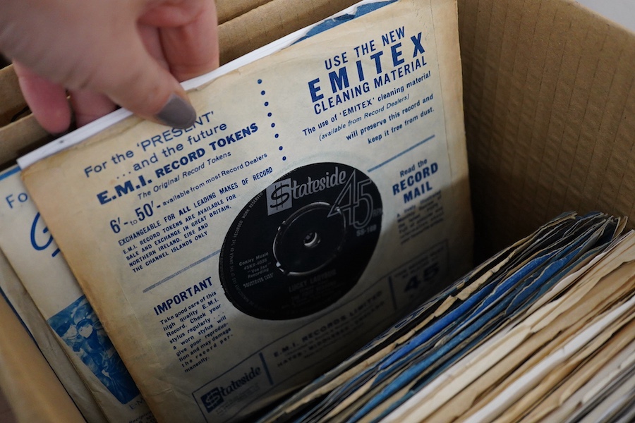 Three boxes of 7 inch singles, all on Atlantic, Brunswick and Stateside record labels, artists include; Otis Redding, the Drifters, Iron Butterfly, Aretha Franklin, King Curtis, the Vanilla Fudge, Wilson Pickett, Sony an